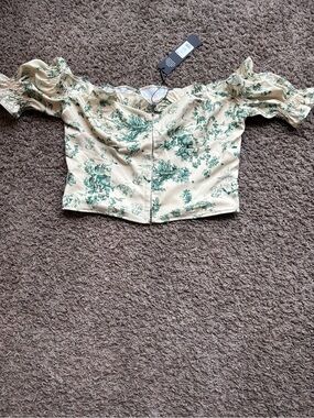 Fashion Nova Cream Off-Shoulder Crop Top with Green Toile Print